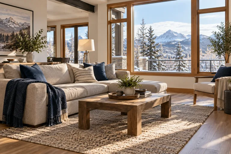 Illustrative Colorado-inspired living room with warm wood, a comfortable sofa, and a snowy view